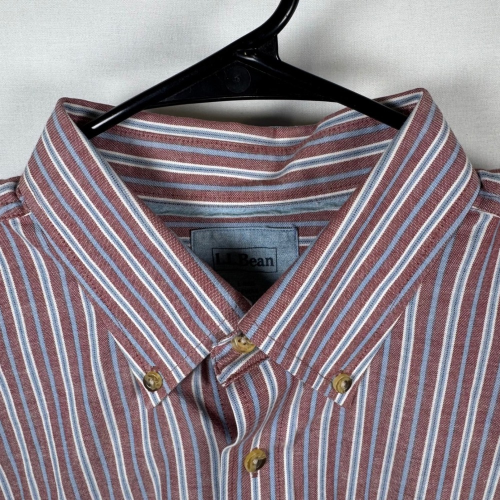 LL Bean Button Down Shirt Mens Large L Red Blue Striped Long Sleeve Cotton - Picture 3 of 11